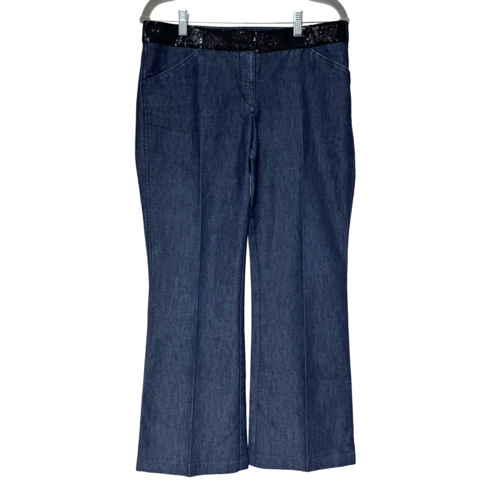 {Express} "Editor" Black Sequin Waist Band Relaxed Bootcut Flare Denim Trousers